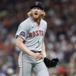 Aug 12, 2025; Houston, Texas, USA; Boston Red Sox starting pitcher Dustin May (85) reacts after an out to end the second inning against the Houston Astros at Daikin Park. Mandatory Credit: Troy Taormina-Imagn Images