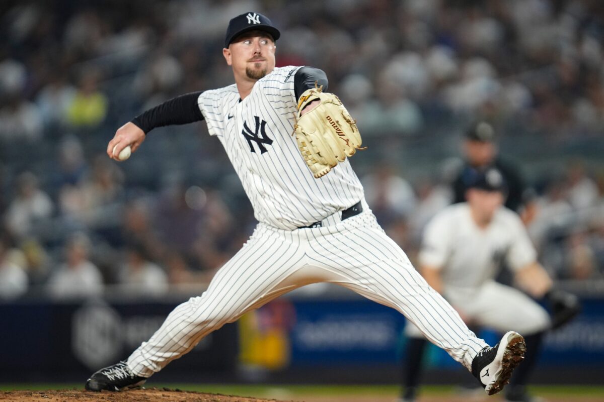 New York Yankees pitcher Mark Leiter Jr. (56) pitches the ball in a game against the Minnesota Twins at Yankee Stadium, Aug 13, 2025, Bronx, New York, USA. Yannick Peterhans/NorthJersey.com