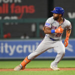Aug 20, 2025; Washington, District of Columbia, USA; New York Mets center fielder Cedric Mullins (28) stops on the base path after hitting a single against the Washington Nationals during the fifth inning at Nationals Park. Mandatory Credit: Rafael Suanes-Imagn Images