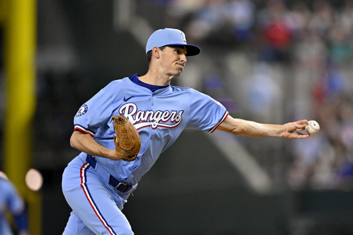 Aug 24, 2025; Arlington, Texas, USA; Texas Rangers relief pitcher Hoby Milner (41) pitches against the Cleveland Guardians during the ninth inning at Globe Life Field. Mandatory Credit: Jerome Miron-Imagn Images
