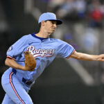 Aug 24, 2025; Arlington, Texas, USA; Texas Rangers relief pitcher Hoby Milner (41) pitches against the Cleveland Guardians during the ninth inning at Globe Life Field. Mandatory Credit: Jerome Miron-Imagn Images