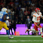[US, Mexico & Canada customers only] Sep 5, 2025; Sao Paulo, BRAZIL; Kansas City Chiefs quarterback Patrick Mahomes (15) in action against Los Angeles Chargers defensive tackle Otito Ogbonnia (93) in the first quarter at Corinthians Arena. Mandatory Credit: Amanda Perobelli/Reuters via Imagn Images