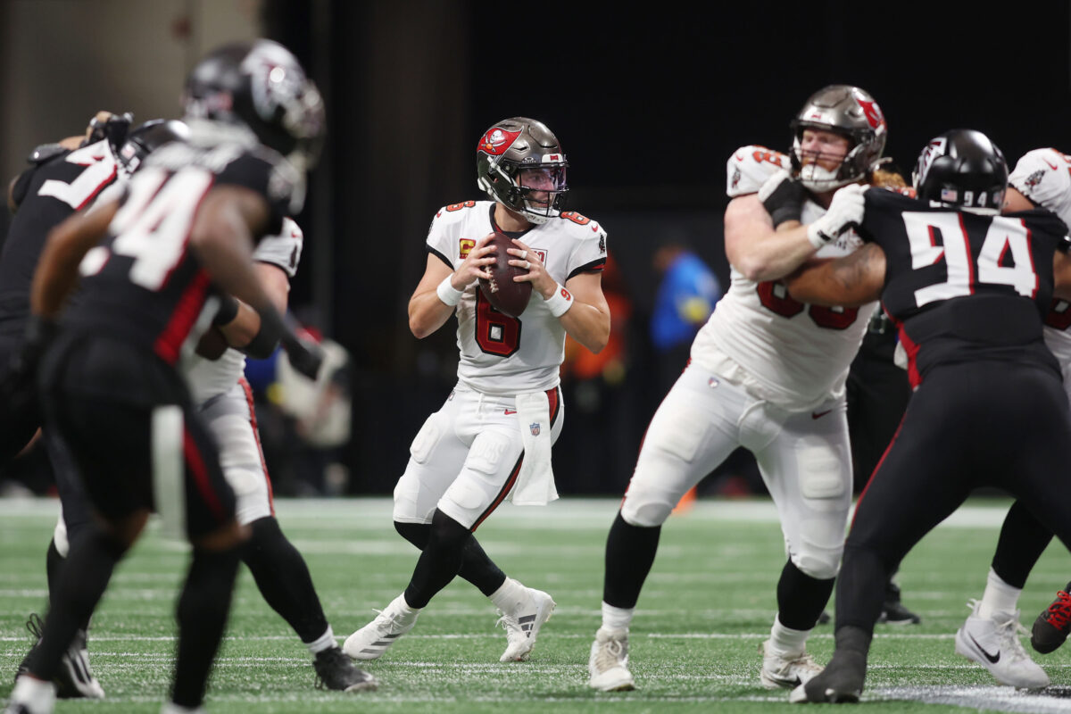 Falcons Buccaneers Sep 7, 2025; Atlanta, Georgia, USA; Tampa Bay Buccaneers quarterback Baker Mayfield (6) looks to pass the ball against the Atlanta Falcons during the fourth quarter at Mercedes-Benz Stadium. Mandatory Credit: Brett Davis-Imagn Images