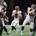 Falcons Buccaneers Sep 7, 2025; Atlanta, Georgia, USA; Tampa Bay Buccaneers quarterback Baker Mayfield (6) looks to pass the ball against the Atlanta Falcons during the fourth quarter at Mercedes-Benz Stadium. Mandatory Credit: Brett Davis-Imagn Images
