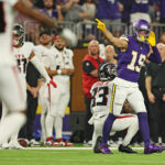 Sep 14, 2025; Minneapolis, Minnesota, USA; Minnesota Vikings wide receiver Adam Thielen (19) celebrates first down during the first half Atlanta Falcons at U.S. Bank Stadium. Mandatory Credit: Matt Krohn-Imagn Images