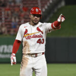 Sep 15, 2025; St. Louis, Missouri, USA; St. Louis Cardinals first baseman Willson Contreras (40) celebrates after hitting a RBI single against the Cincinnati Reds in the sixth inning at Busch Stadium. Mandatory Credit: Joe Puetz-Imagn Images