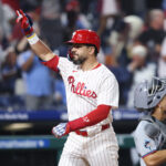 Sep 24, 2025; Philadelphia, Pennsylvania, USA; Philadelphia Phillies outfielder Kyle Schwarber (12) reacts after hitting a home run against the Miami Marlins during the third inning at Citizens Bank Park. Mandatory Credit: Bill Streicher-Imagn Images