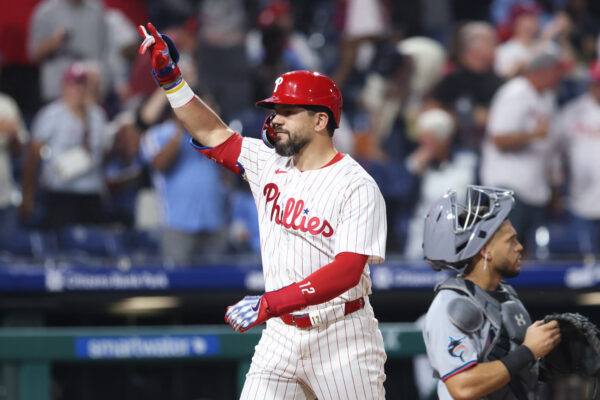Sep 24, 2025; Philadelphia, Pennsylvania, USA; Philadelphia Phillies outfielder Kyle Schwarber (12) reacts after hitting a home run against the Miami Marlins during the third inning at Citizens Bank Park. Mandatory Credit: Bill Streicher-Imagn Images
