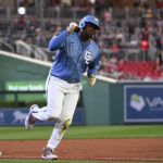 Sep 26, 2025; Washington, District of Columbia, USA; Washington Nationals first baseman Josh Bell (19) reacts after hitting a solo home run against the Chicago White Sox during the first inning at Nationals Park. Mandatory Credit: Brad Mills-Imagn Images