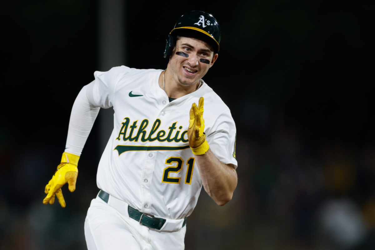 Sep 26, 2025; West Sacramento, California, USA; Athletics left fielder Tyler Soderstrom (21) scores a run during the fifth inning against the Kansas City Royals at Sutter Health Park. Mandatory Credit: Sergio Estrada-Imagn Images