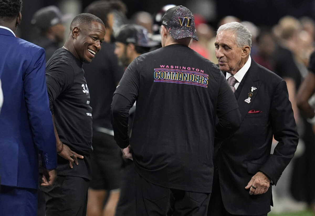 Falcons Sep 28, 2025; Atlanta, Georgia, USA; Atlanta Falcons owner Arthur Blank talks to head coach Raheem Morris and Washington Commanders head coach Dan Quinn before a game at Mercedes-Benz Stadium. Mandatory Credit: Dale Zanine-Imagn Images