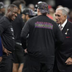 Falcons Sep 28, 2025; Atlanta, Georgia, USA; Atlanta Falcons owner Arthur Blank talks to head coach Raheem Morris and Washington Commanders head coach Dan Quinn before a game at Mercedes-Benz Stadium. Mandatory Credit: Dale Zanine-Imagn Images
