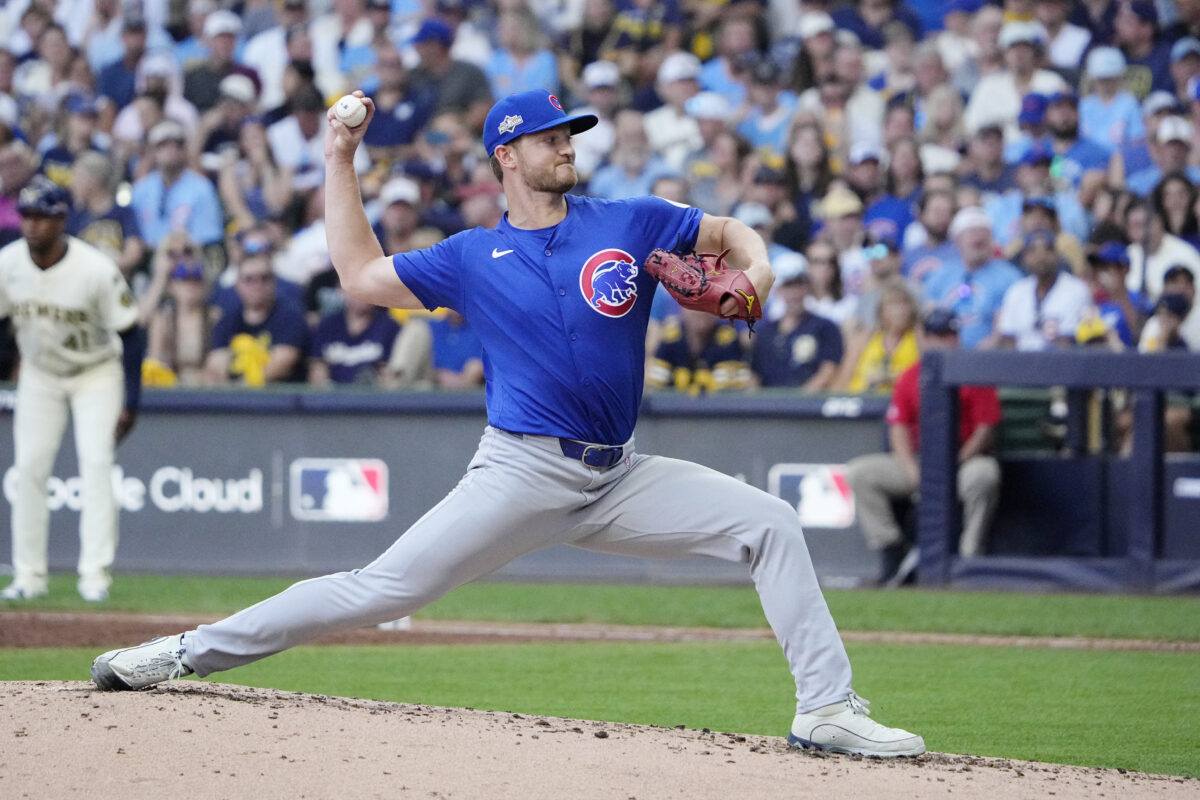 Oct 4, 2025; Milwaukee, Wisconsin, USA; Chicago Cubs pitcher Michael Soroka (99) pitches against the Milwaukee Brewers during the second inning of game one of the NLDS round for the 2025 MLB playoffs at American Family Field. Mandatory Credit: Michael McLoone-Imagn Images