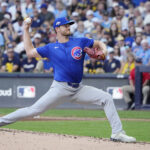 Oct 4, 2025; Milwaukee, Wisconsin, USA; Chicago Cubs pitcher Michael Soroka (99) pitches against the Milwaukee Brewers during the second inning of game one of the NLDS round for the 2025 MLB playoffs at American Family Field. Mandatory Credit: Michael McLoone-Imagn Images