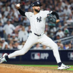Oct 7, 2025; Bronx, New York, USA; New York Yankees relief pitcher Devin Williams (38) delivers a pitch in the seventh inning against the Toronto Blue Jays during game three of the ALDS round for the 2025 MLB playoffs at Yankee Stadium. Mandatory Credit: Vincent Carchietta-Imagn Images