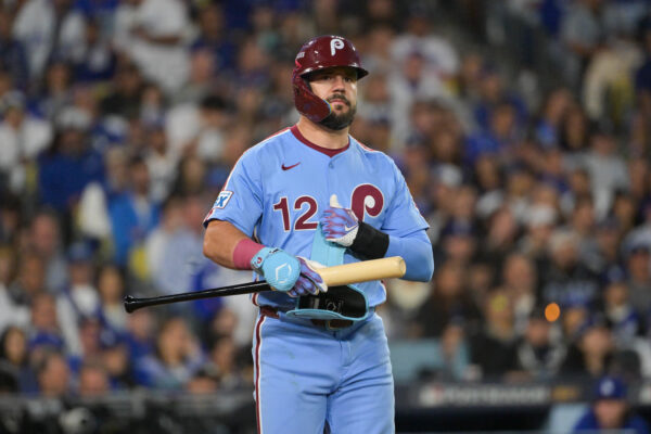 Oct 8, 2025; Los Angeles, California, USA; Philadelphia Phillies designated hitter Kyle Schwarber (12) looks on during the seventh inning against the Los Angeles Dodgers during game three of the NLDS round for the 2025 MLB playoffs at Dodger Stadium. Mandatory Credit: Jayne Kamin-Oncea-Imagn Images