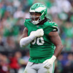Oct 26, 2025; Philadelphia, Pennsylvania, USA; Philadelphia Eagles defensive tackle Jalen Carter (98) reacts in the third quarter against the New York Giants at Lincoln Financial Field. Mandatory Credit: Bill Streicher-Imagn Images