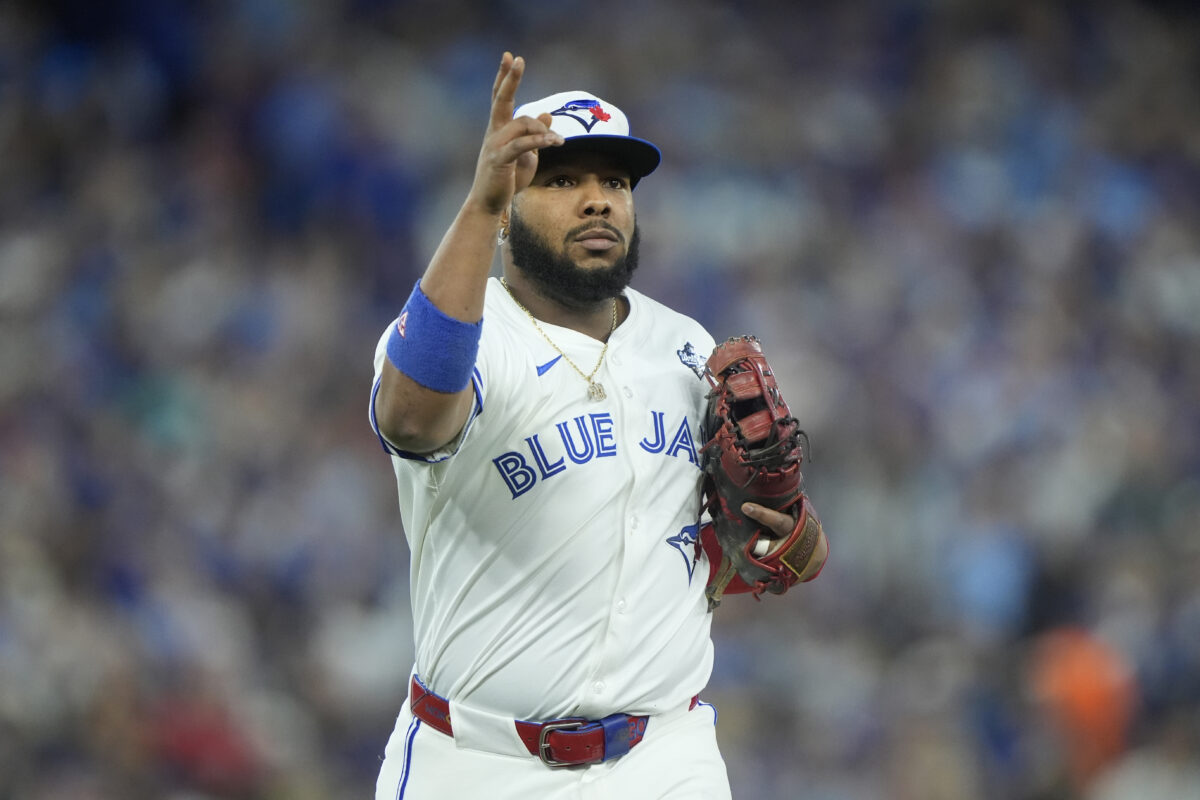Nov 1, 2025; Toronto, Ontario, CAN; Toronto Blue Jays first baseman Vladimir Guerrero Jr. (27) looks on before game seven of the 2025 MLB World Series against the Los Angeles Dodgers at Rogers Centre. Mandatory Credit: John E. Sokolowski-Imagn Images