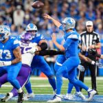 Detroit Lions quarterback Jared Goff passes against the Minnesota Vikings during the first half at Ford Field in Detroit on Sunday, November 2, 2025.