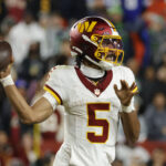 Nov 2, 2025; Landover, Maryland, USA; Washington Commanders quarterback Jayden Daniels (5) passes the ball during the second half against the Seattle Seahawks at Northwest Stadium. Mandatory Credit: Amber Searls-Imagn Images