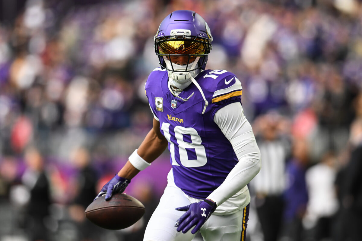Nov 9, 2025; Minneapolis, Minnesota, USA; Minnesota Vikings wide receiver Justin Jefferson (18) warms up before the game against the Baltimore Ravens at U.S. Bank Stadium. Mandatory Credit: Jeffrey Becker-Imagn Images
