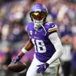 Nov 9, 2025; Minneapolis, Minnesota, USA; Minnesota Vikings wide receiver Justin Jefferson (18) warms up before the game against the Baltimore Ravens at U.S. Bank Stadium. Mandatory Credit: Jeffrey Becker-Imagn Images