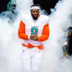Nov 9, 2025; Miami Gardens, Florida, USA; Miami Dolphins outside linebacker Matthew Judon (8) runs on the field before a game against the Buffalo Bills at Hard Rock Stadium. Mandatory Credit: Jeff Romance-Imagn Images