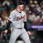 Tigers pitcher Tarik Skubal celebrates striking out Mariners catcher Cal Raleigh in the sixth inning of ALDS Game 5 at T-Mobile Park in Seattle on Friday, Oct. 10, 2025.