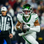 Nov 13, 2025; Foxborough, Massachusetts, USA; New York Jets quarterback Justin Fields (7) looks to pass the ball against the New England Patriots in the third quarter at Gillette Stadium. Mandatory Credit: David Butler II-Imagn Images