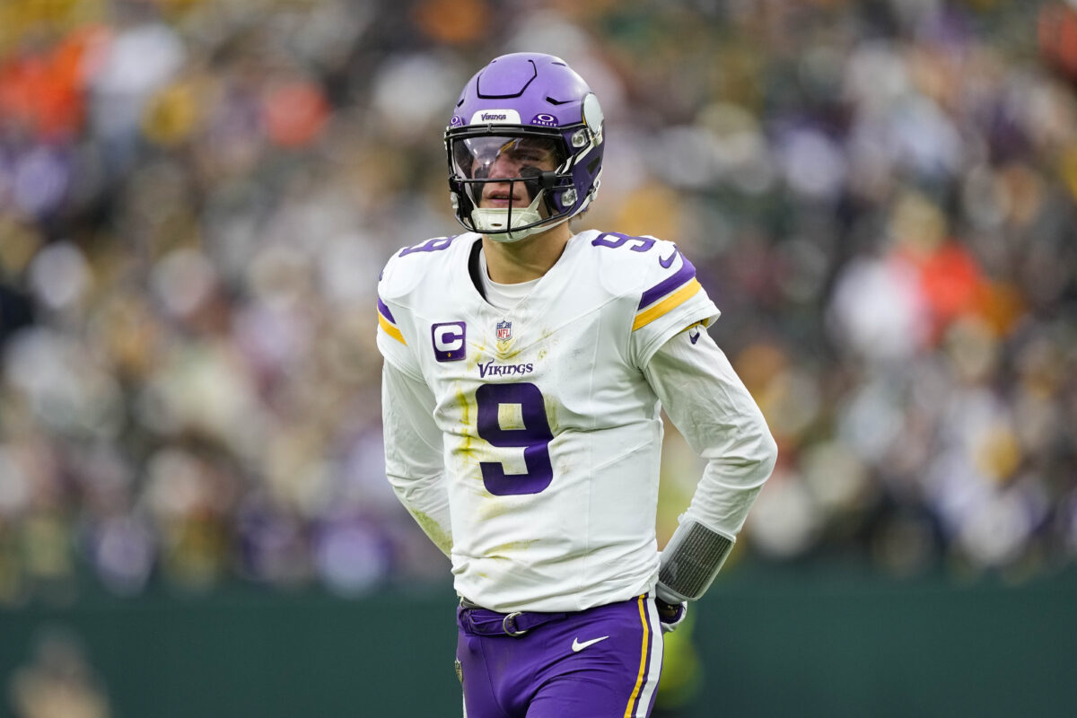 Nov 23, 2025; Green Bay, Wisconsin, USA; Minnesota Vikings quarterback J.J. McCarthy (9) during the game against the Green Bay Packers at Lambeau Field. Mandatory Credit: Jeff Hanisch-Imagn Images