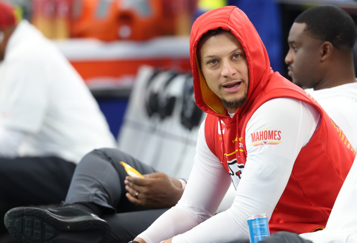 Nov 27, 2025; Arlington, Texas, USA; Kansas City Chiefs quarterback Patrick Mahomes (15) sits on the bench prior to the game against the Dallas Cowboys at AT&T Stadium. Mandatory Credit: Kevin Jairaj-Imagn Images