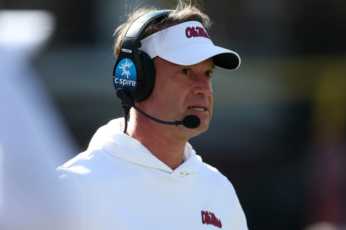 Nov 28, 2025; Starkville, Mississippi, USA; Mississippi Rebels head coach Lane Kiffin looks on in the first half against the Mississippi State Bulldogs at Davis Wade Stadium at Scott Field. Mandatory Credit: Petre Thomas-Imagn Images