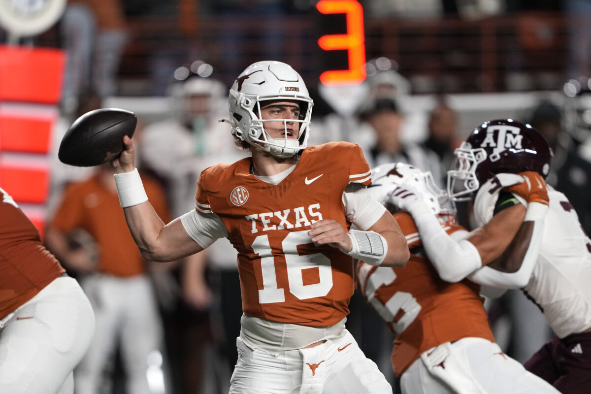 Nov 28, 2025; Austin, Texas, USA; Texas Longhorns quarterback Arch Manning throws a pass during the first half against the Texas A&M Aggies at Darrell K Royal-Texas Memorial Stadium. Mandatory Credit: Scott Wachter-Imagn Images