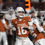 Nov 28, 2025; Austin, Texas, USA; Texas Longhorns quarterback Arch Manning throws a pass during the first half against the Texas A&M Aggies at Darrell K Royal-Texas Memorial Stadium. Mandatory Credit: Scott Wachter-Imagn Images
