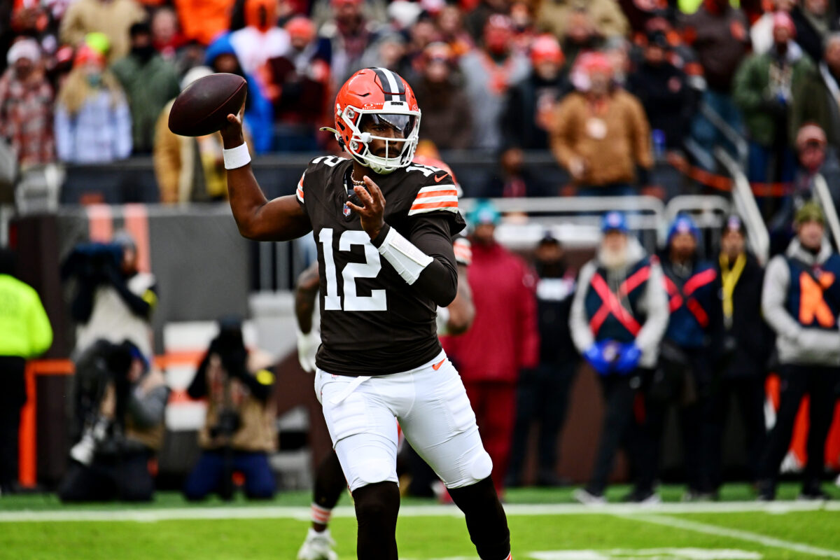 Nov 30, 2025; Cleveland, Ohio, USA; Cleveland Browns quarterback Shedeur Sanders (12) makes a pass during the first half against the San Francisco 49ers at Huntington Bank Field. Mandatory Credit: Ken Blaze-Imagn Images