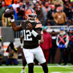 Nov 30, 2025; Cleveland, Ohio, USA; Cleveland Browns quarterback Shedeur Sanders (12) makes a pass during the first half against the San Francisco 49ers at Huntington Bank Field. Mandatory Credit: Ken Blaze-Imagn Images