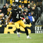 Nov 30, 2025; Pittsburgh, Pennsylvania, USA; Pittsburgh Steelers wide receiver DK Metcalf (4) runs after making a catch during the first quarter against the Buffalo Bills at Acrisure Stadium. Mandatory Credit: Barry Reeger-Imagn Images