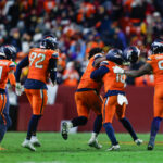 Broncos Commanders Nov 30, 2025; Landover, Maryland, USA; The Denver Broncos celebrate after the game against the Washington Commanders at Northwest Stadium. Mandatory Credit: Peter Casey-Imagn Images