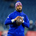 Dec 1, 2025; Foxborough, Massachusetts, USA; New York Giants quarterback Russell Wilson (3) warms up prior to the game against the New England Patriots at Gillette Stadium. Mandatory Credit: David Butler II-Imagn Images