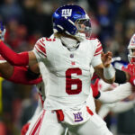 NFL Draft 2026 Dec 1, 2025; Foxborough, Massachusetts, USA; New York Giants quarterback Jaxson Dart (6) throws a pass during the second quarter against the New England Patriots at Gillette Stadium. Mandatory Credit: David Butler II-Imagn Images
