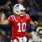 Dec 1, 2025; Foxborough, Massachusetts, USA; New England Patriots quarterback Drake Maye (10) passes the ball during the fourth quarter against the New York Giants at Gillette Stadium. Mandatory Credit: David Butler II-Imagn Images