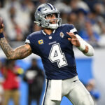 Dec 4, 2025; Detroit, Michigan, USA; Dallas Cowboys quarterback Dak Prescott (4) throws during the first half against the Detroit Lions at Ford Field. Mandatory Credit: Lon Horwedel-Imagn Images