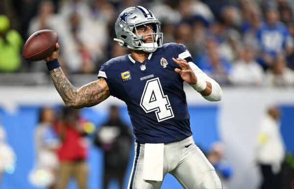 Dec 4, 2025; Detroit, Michigan, USA; Dallas Cowboys quarterback Dak Prescott (4) throws during the first half against the Detroit Lions at Ford Field. Mandatory Credit: Lon Horwedel-Imagn Images
