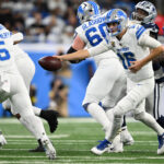 Steelers Lions Dec 4, 2025; Detroit, Michigan, USA; Detroit Lions quarterback Jared Goff (16) fakes a hand off to running back David Montgomery (5) during the second half against the Dallas Cowboys at Ford Field. Mandatory Credit: Lon Horwedel-Imagn Images
