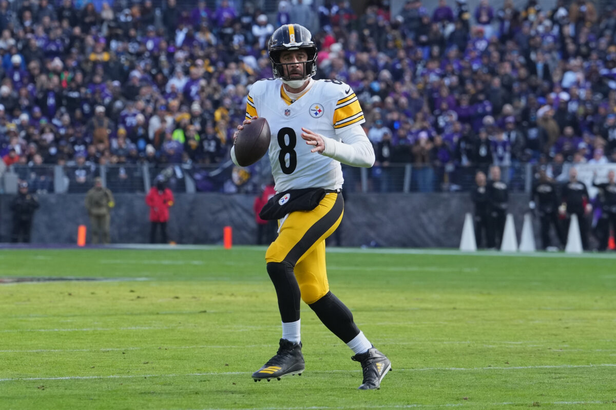 Dec 7, 2025; Baltimore, Maryland, USA; Pittsburgh Steelers quarterback Aaron Rodgers (8) looks to pass the ball against the Baltimore Ravens during the first half at M&T Bank Stadium. Mandatory Credit: Mitch Stringer-Imagn Images