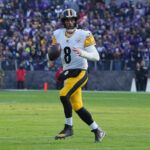 Dec 7, 2025; Baltimore, Maryland, USA; Pittsburgh Steelers quarterback Aaron Rodgers (8) looks to pass the ball against the Baltimore Ravens during the first half at M&T Bank Stadium. Mandatory Credit: Mitch Stringer-Imagn Images