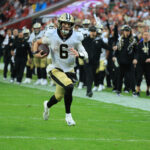 Dec 7, 2025; Tampa, Florida, USA; New Orleans Saints quarterback Tyler Shough (6) runs for a touchdown during the fourth quarter against the Tampa Bay Buccaneers at Raymond James Stadium. Mandatory Credit: Kim Klement Neitzel-Imagn Images