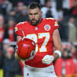 Dec 7, 2025; Kansas City, Missouri, USA; Kansas City Chiefs tight end Travis Kelce (87) warms up prior to the game against the Houston Texans at GEHA Field at Arrowhead Stadium. Mandatory Credit: Amy Kontras-Imagn Images