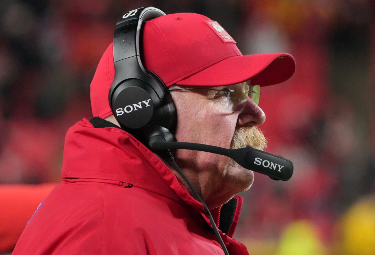 Dec 7, 2025; Kansas City, Missouri, USA; Kansas City Chiefs head coach Andy Reid is seen on the sideline during the fourth quarter against the Houston Texans at GEHA Field at Arrowhead Stadium. Mandatory Credit: Denny Medley-Imagn Images