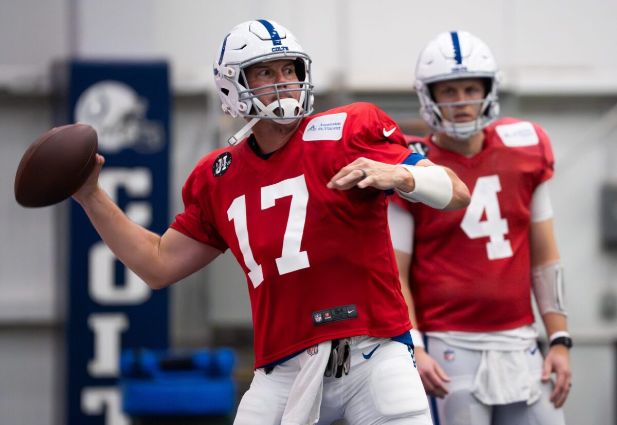 Indianapolis Colts quarterback Philip Rivers (17) drops back to pass Wednesday, Dec. 10, 2025, during practice at the Colts training facility in Indianapolis.